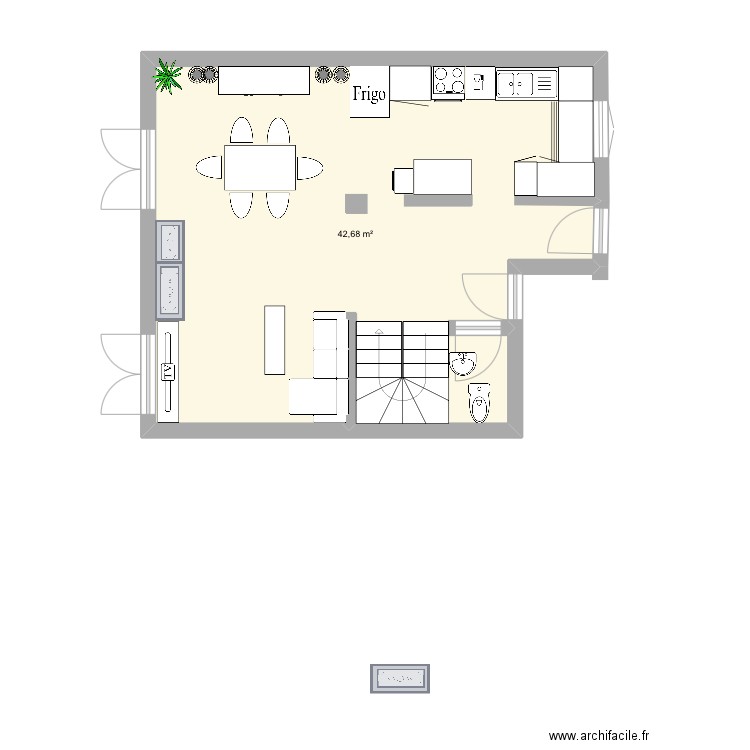 cuisine. Plan de 1 pièce et 43 m2