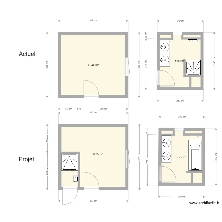 amenagement douche + salle de bain. Plan de 5 pièces et 34 m2