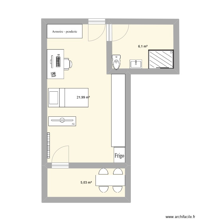 plan sans gros meuble. Plan de 3 pièces et 33 m2