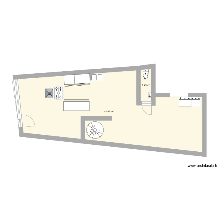 Cuisine Mali2. Plan de 2 pièces et 46 m2