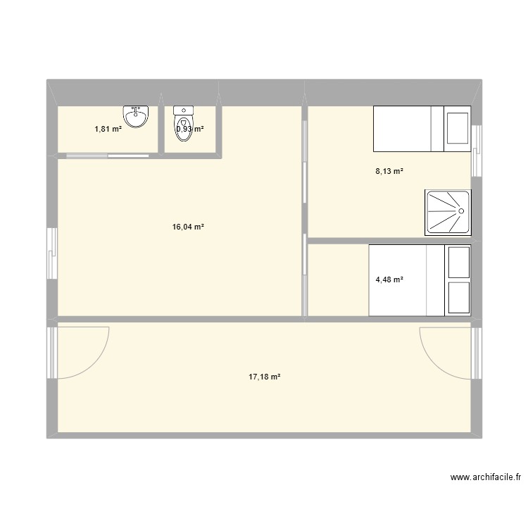 Earthship_V2. Plan de 6 pièces et 49 m2