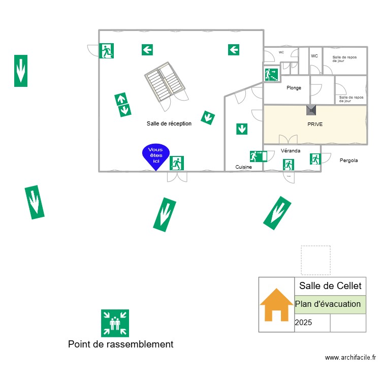 Rez de chaussée Evacuation. Plan de 10 pièces et 73 m2