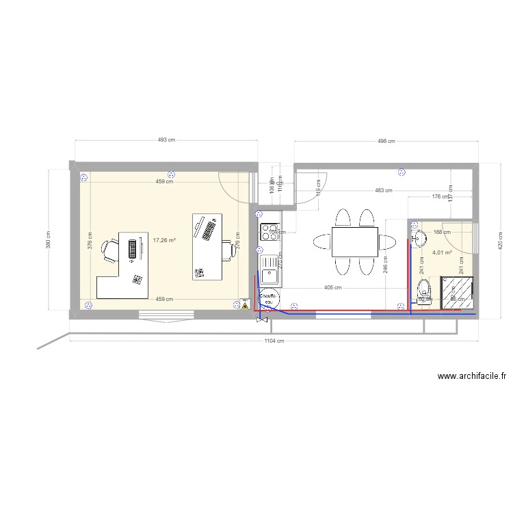 local kerséal. Plan de 2 pièces et 21 m2