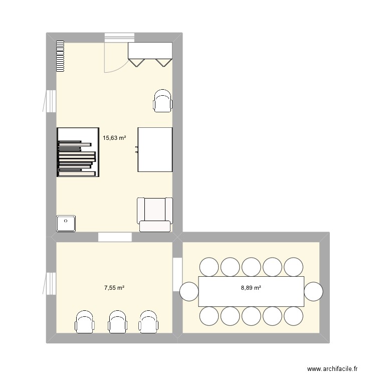 Bibliothèque, travail à manel. Plan de 3 pièces et 32 m2