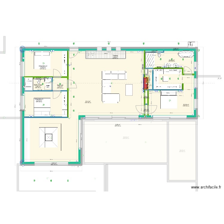 Cloisonnement insert variante et lustre 71. Plan de 29 pièces et 375 m2