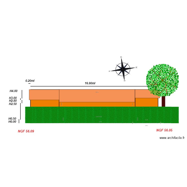 Facade EST                  chalet 37. Plan de 5 pièces et 56 m2