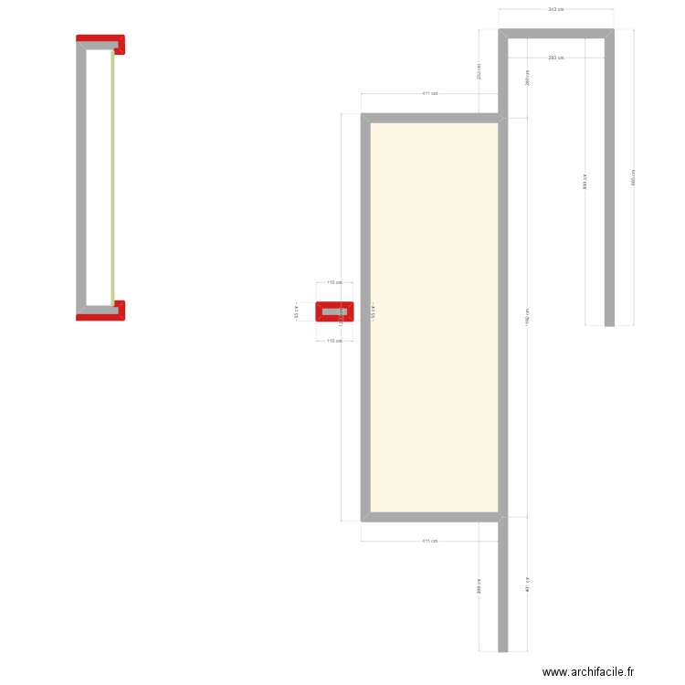 mur buche. Plan de 2 pièces et 45 m2