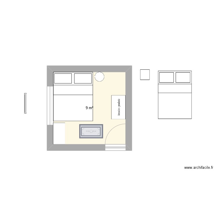 Chambre idées. Plan de 1 pièce et 9 m2