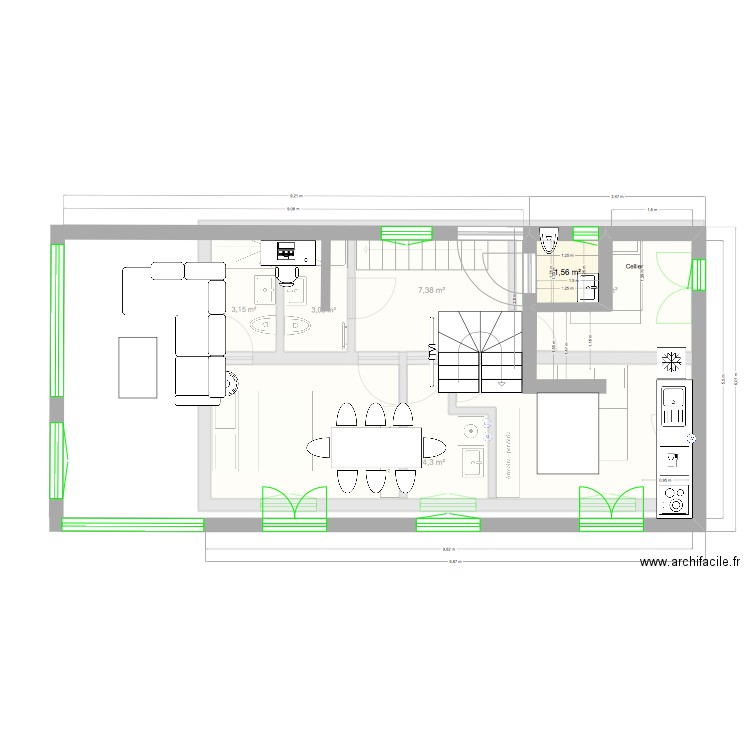 Saint Gervais - Escalier central et véranda. Plan de 7 pièces et 102 m2