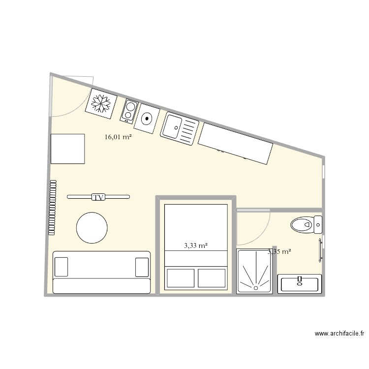 studio 1. Plan de 3 pièces et 23 m2