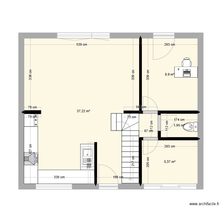 Camaret RdC modification 1. Plan de 4 pièces et 53 m2