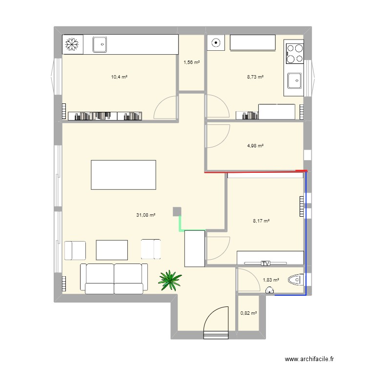 Cuisine fonds du salon. Plan de 8 pièces et 68 m2