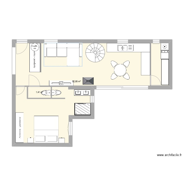 chalet. Plan de 2 pièces et 56 m2