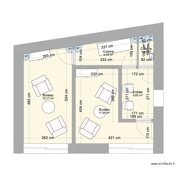 Plan bureaux du fond avec bonne côtes. Plan de 5 pièces et 35 m2