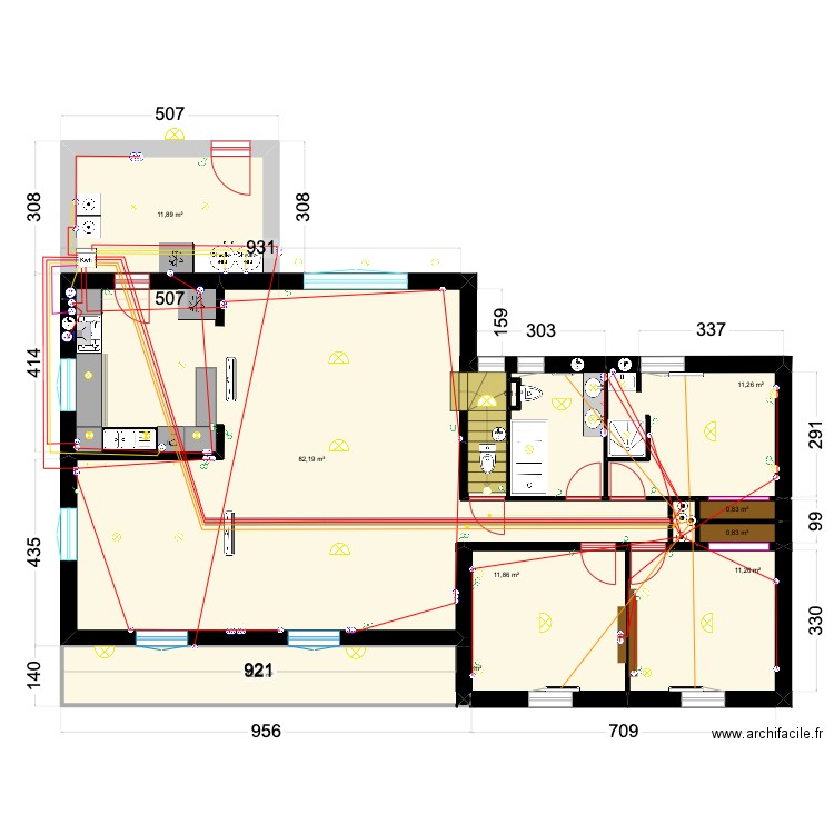 Elec Maison prises. Plan de 16 pièces et 187 m2