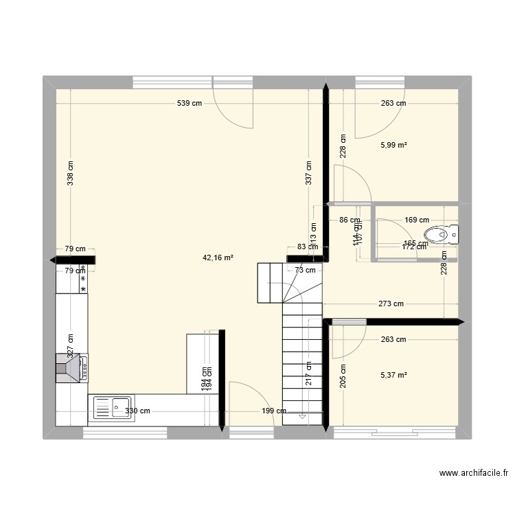 Camaret RdC modification projet 2. Plan de 3 pièces et 54 m2