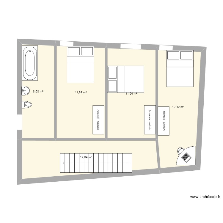 Etage. Plan de 5 pièces et 56 m2