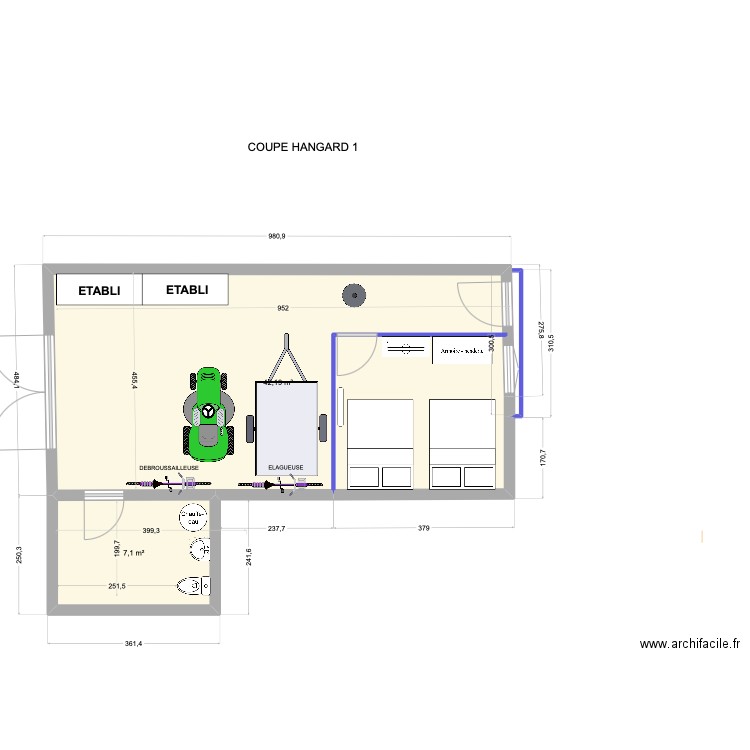 COUPE HANGARD 7. Plan de 2 pièces et 49 m2