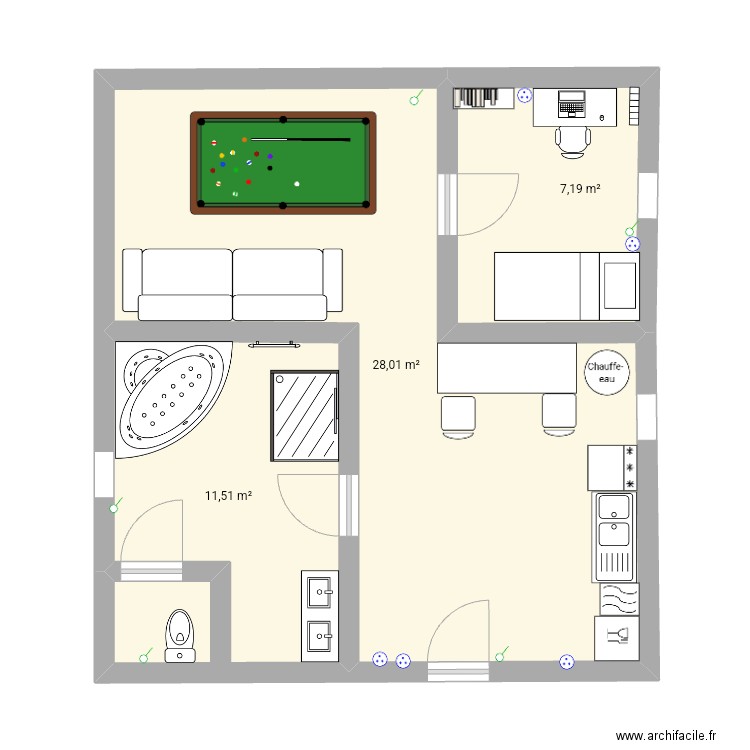 Plan d'un studio de 50m². Plan de 3 pièces et 47 m2