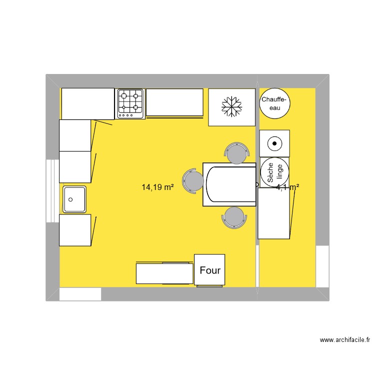 cuisine. Plan de 2 pièces et 18 m2