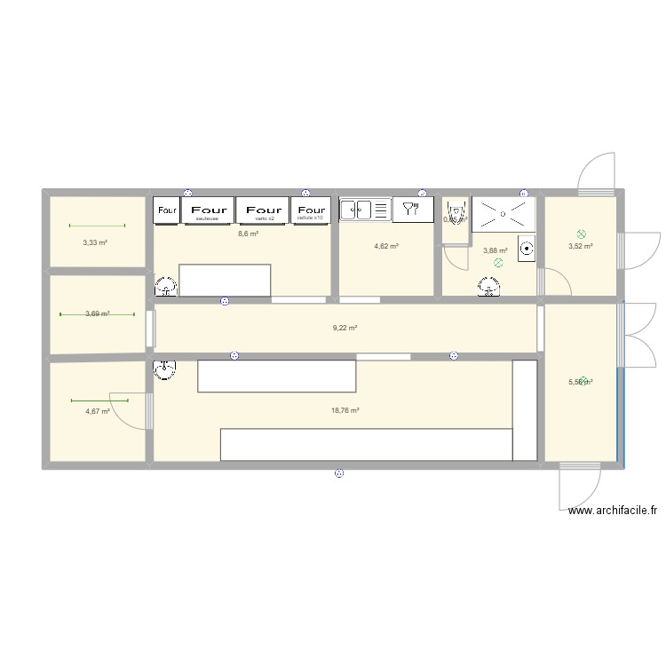 labo traiteur . Plan de 11 pièces et 67 m2