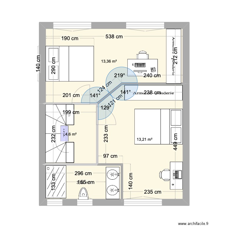 Nouveau plan étage 2 chambres douche. Plan de 4 pièces et 35 m2