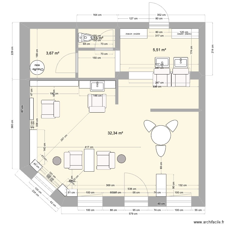 salon noyelles 1. Plan de 4 pièces et 43 m2