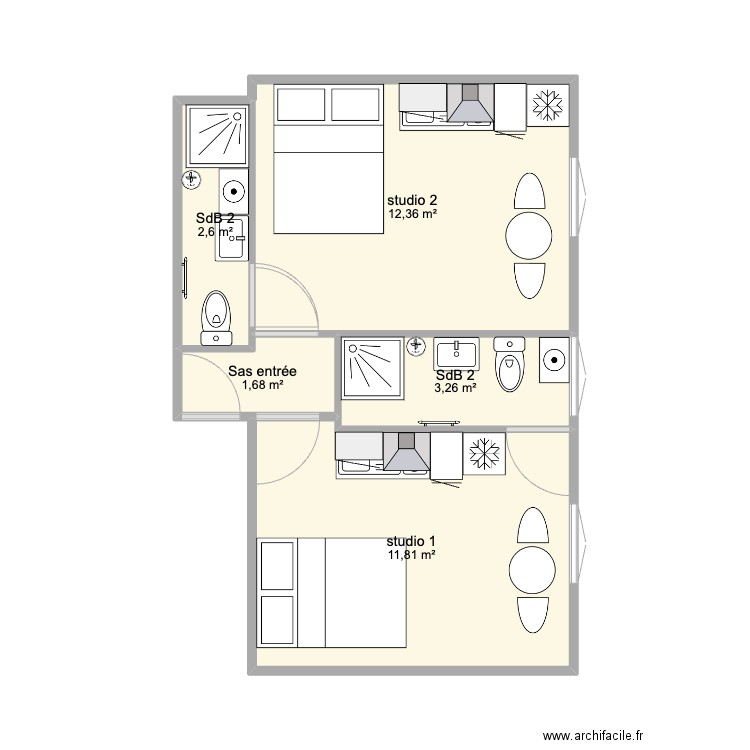 Studio 1 et 2. Plan de 5 pièces et 32 m2