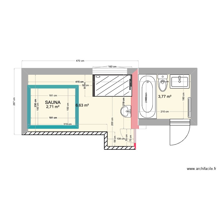 Sauna III. Plan de 3 pièces et 17 m2