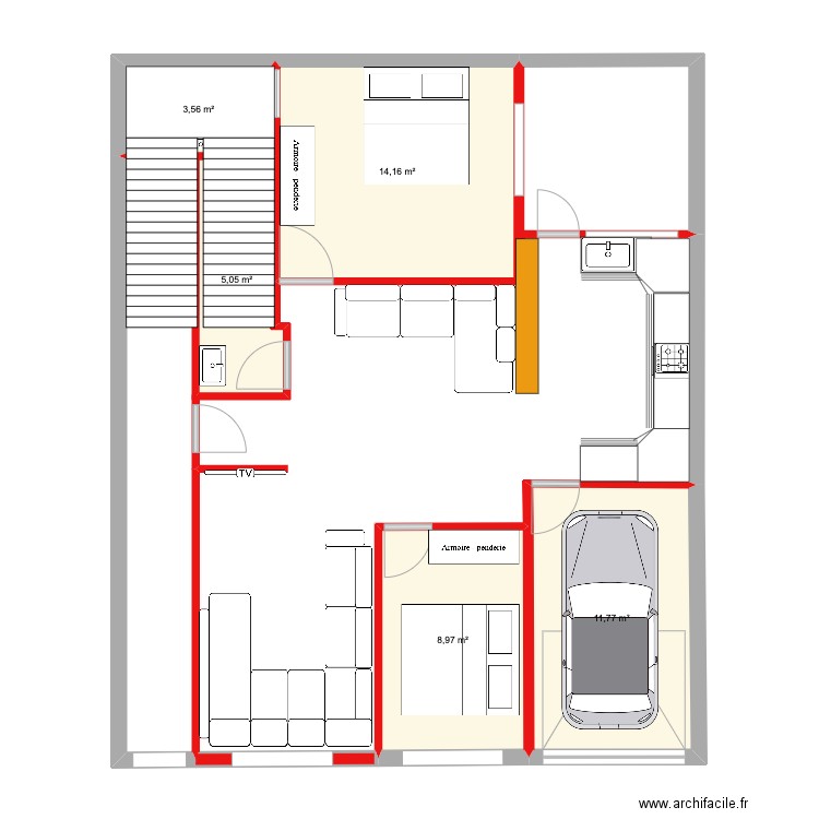 rez de chausse . Plan de 2 pièces et 22 m2