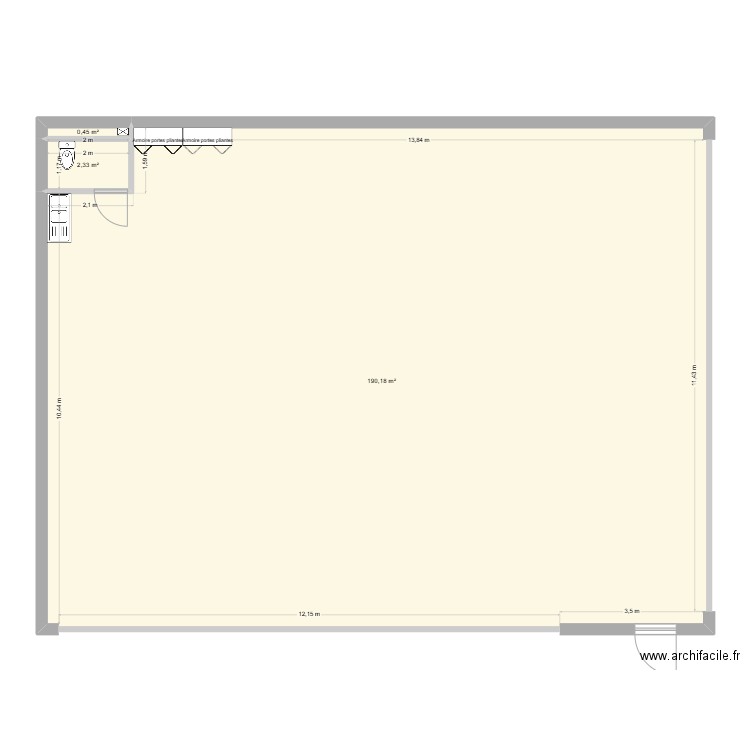 Sanitaire Hangar. Plan de 3 pièces et 193 m2