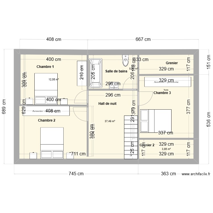 plan étage Carine. Plan de 4 pièces et 63 m2