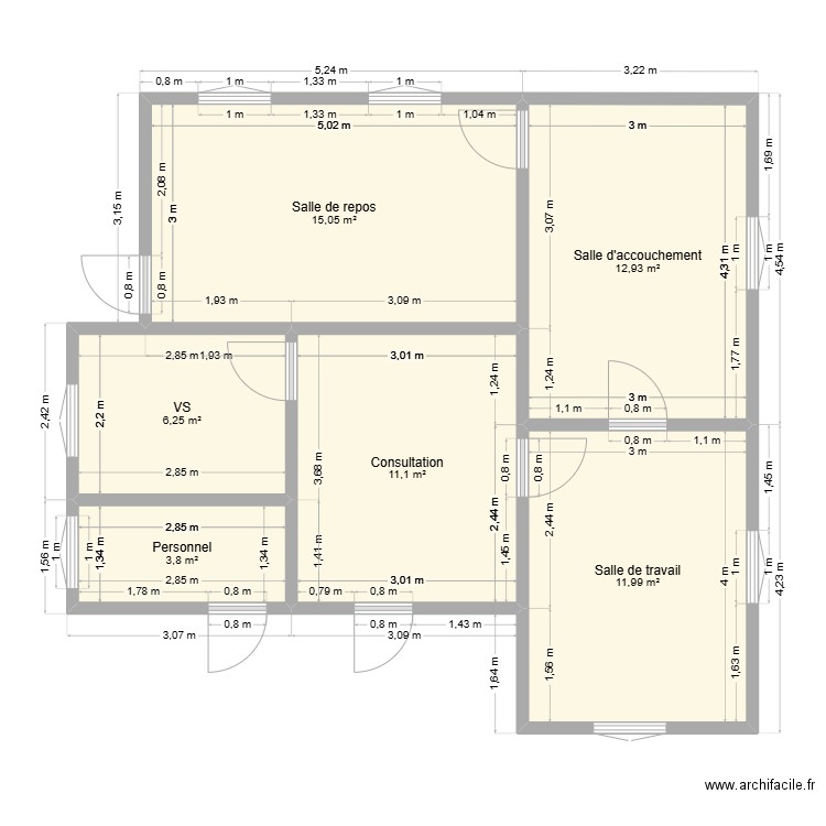 maternité. Plan de 6 pièces et 61 m2