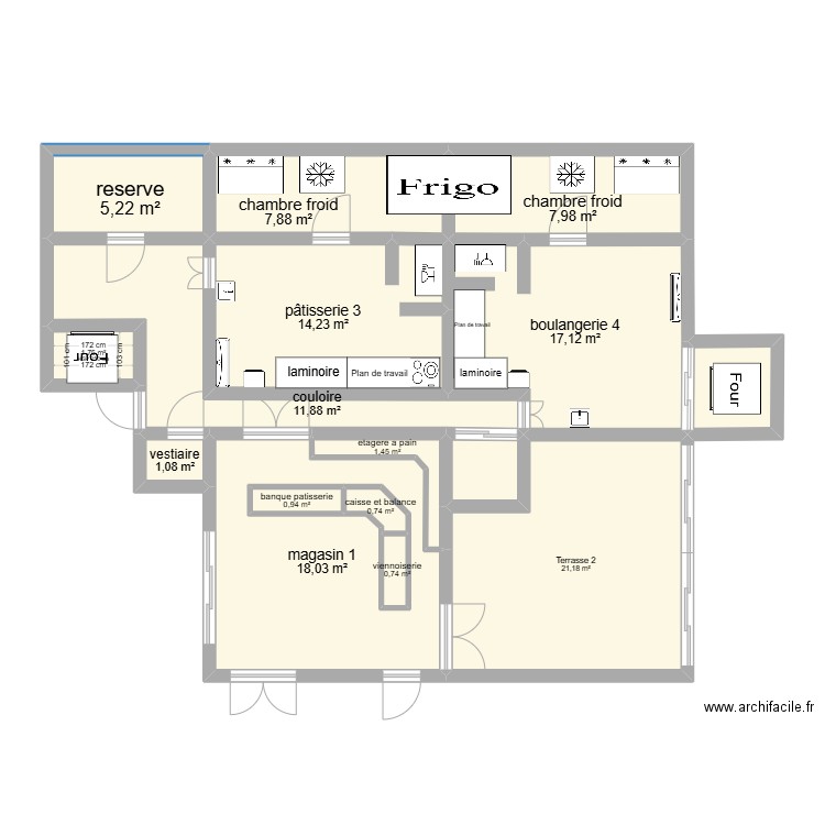 boulangerie et patisserie. Plan de 15 pièces et 122 m2