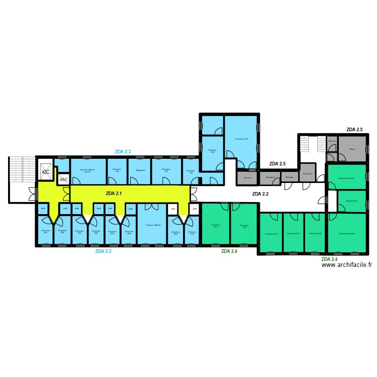 Afor 2eme étage zoning . Plan de 41 pièces et 295 m2