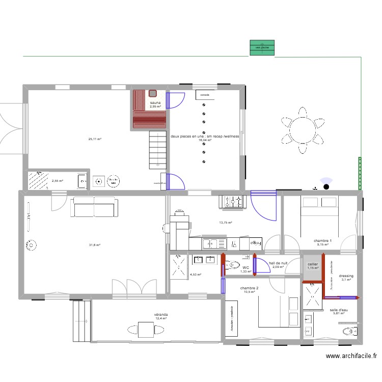 phase 3 finitions et aménagements en 2+1 ch. Plan de 15 pièces et 142 m2