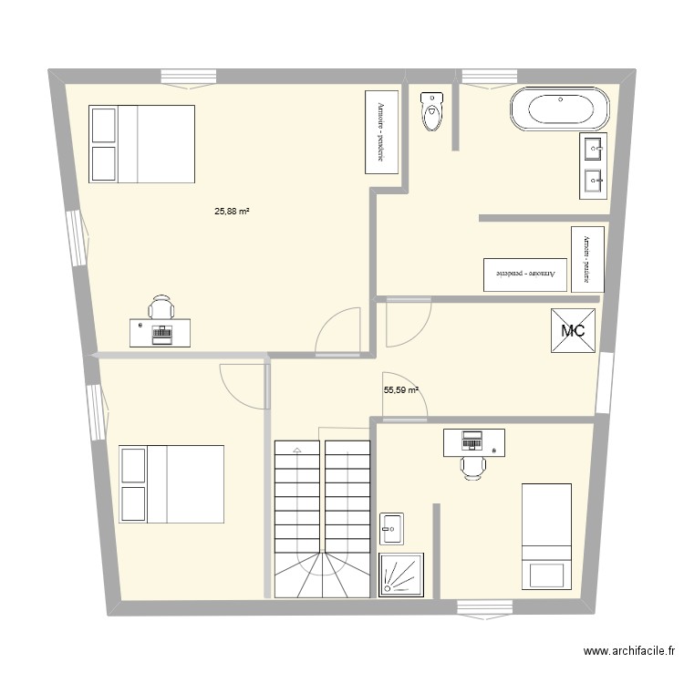 Cha1erprop. Plan de 2 pièces et 81 m2