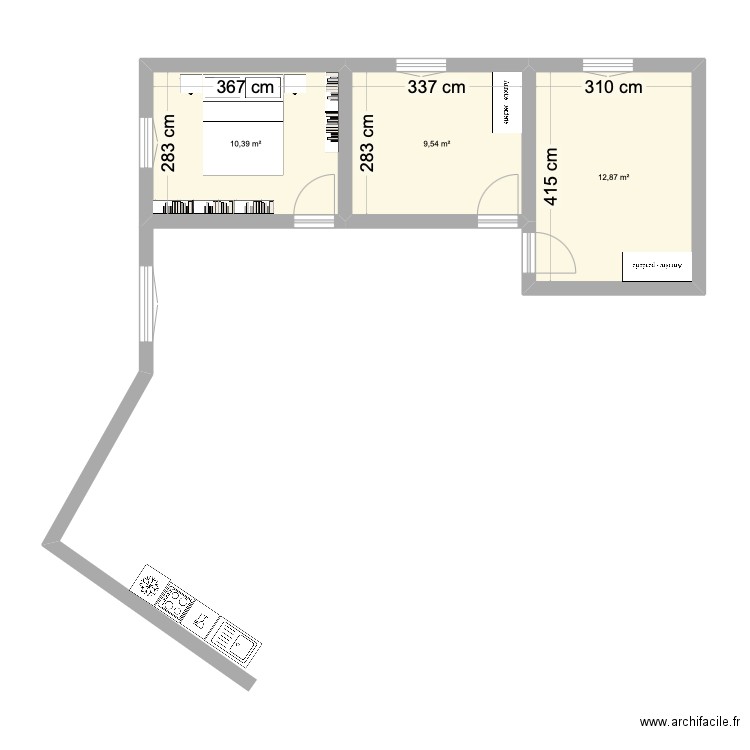 H25-chambre03. Plan de 3 pièces et 33 m2