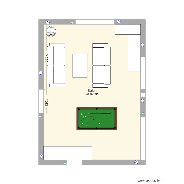 Salon. Plan de 1 pièce et 35 m2