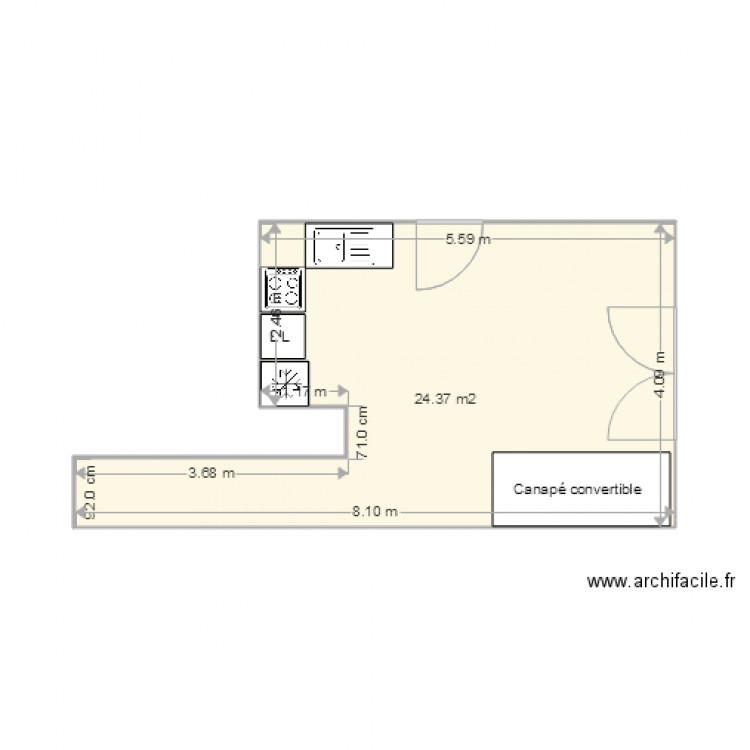 Bocar Cuisine/Salon Meubles bas. Plan de 1 pièce et 24 m2