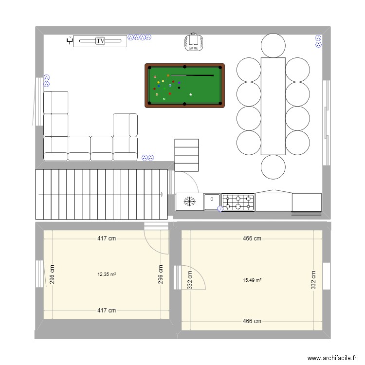 clavier haut. Plan de 2 pièces et 28 m2