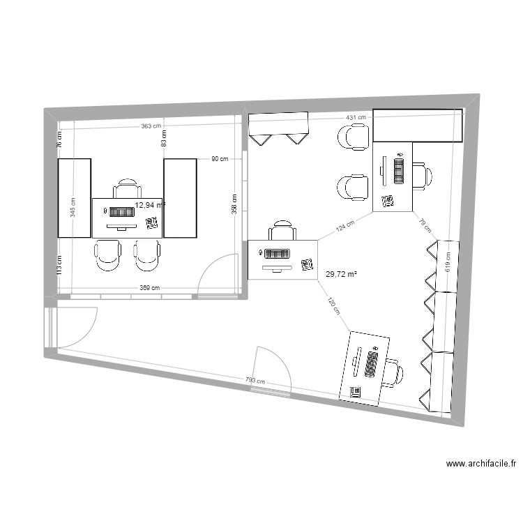 bureau benja . Plan de 2 pièces et 43 m2