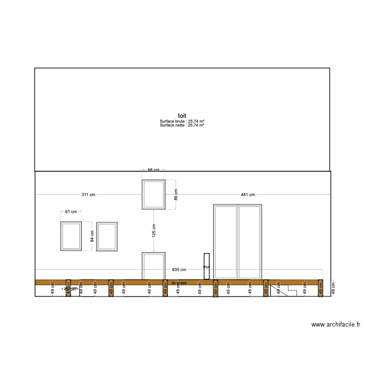 façade après terrasse. Plan de 0 pièce et 0 m2