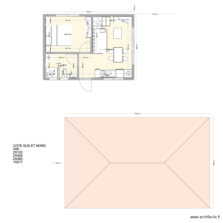 bungalow 1 chambre Pae Miti. Plan de 3 pièces et 30 m2