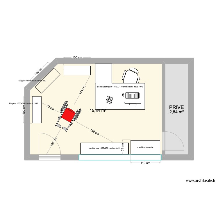 magasin. Plan de 2 pièces et 19 m2