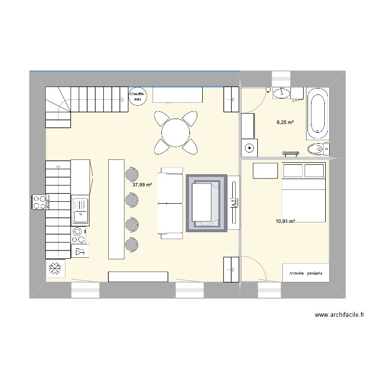 MONTAZEAU ETAGE. Plan de 3 pièces et 55 m2