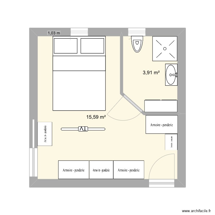 suite sérignan bis. Plan de 2 pièces et 20 m2