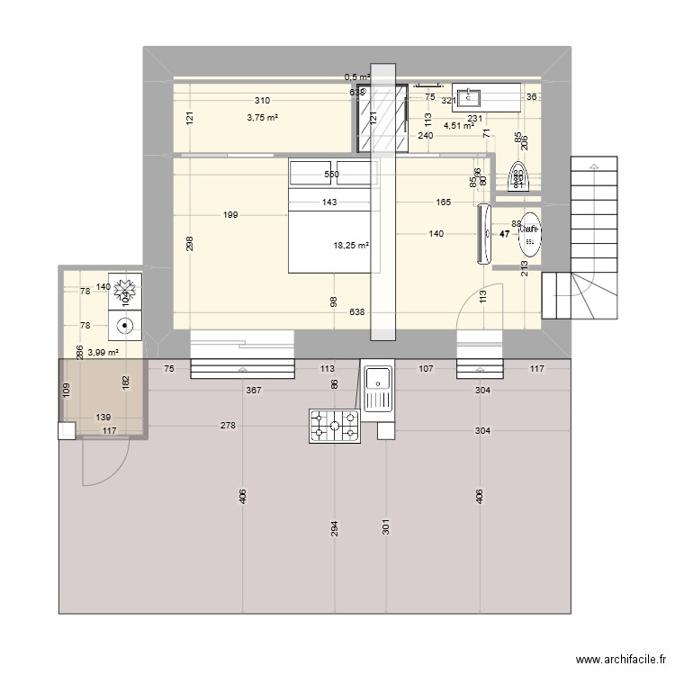 chambre parentale escalier latéral. Plan de 5 pièces et 31 m2