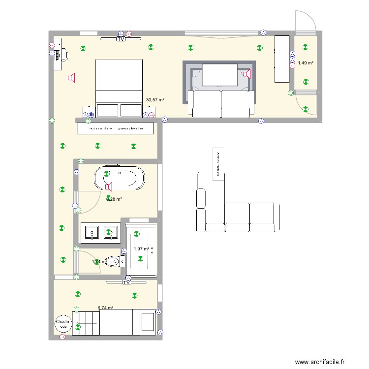 suite final baignoire. Plan de 6 pièces et 48 m2