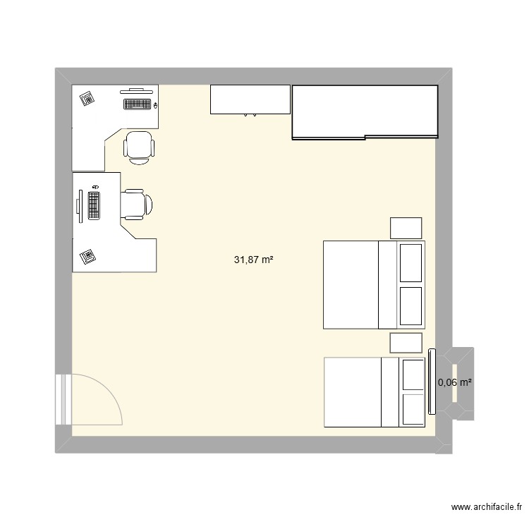 chambre. Plan de 2 pièces et 32 m2